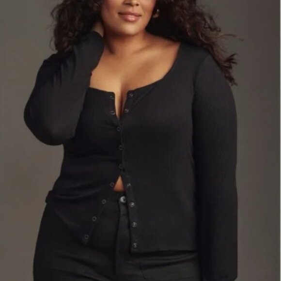 NWT Anthropologie Maeve Square-Neck Button-Front Cardigan Top In Black - Picture 8 of 12